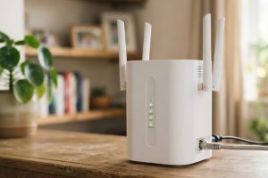 Белый Wi-Fi роутер с антеннами на полке в гостиной