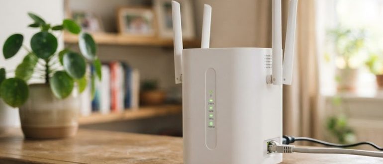 Белый Wi-Fi роутер с антеннами на полке в гостиной