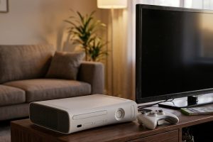 Консоль Xbox 360 рядом с телевизором в гостиной