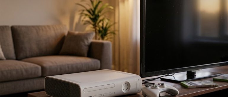 Консоль Xbox 360 рядом с телевизором в гостиной