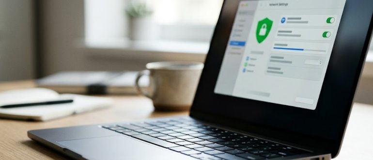Ноутбук с окном сетевых настроек и значком защиты на рабочем столе