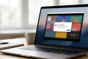 Ноутбук с окном видеосвязи и уведомлением об ошибке