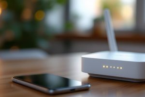 Смартфон рядом с Wi-Fi роутером на столе