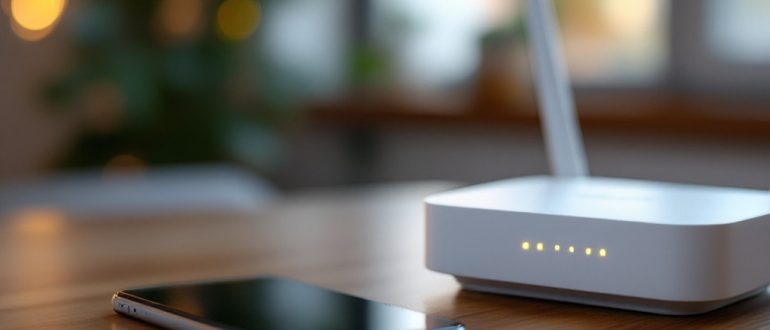 Смартфон рядом с Wi-Fi роутером на столе