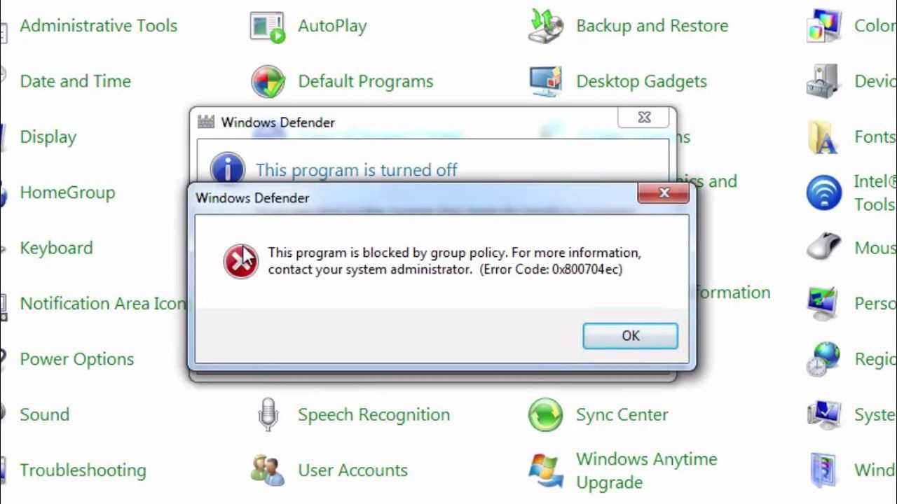 Защитник windows 7 заблокирован групповой политикой: код ошибки 0x800704ec