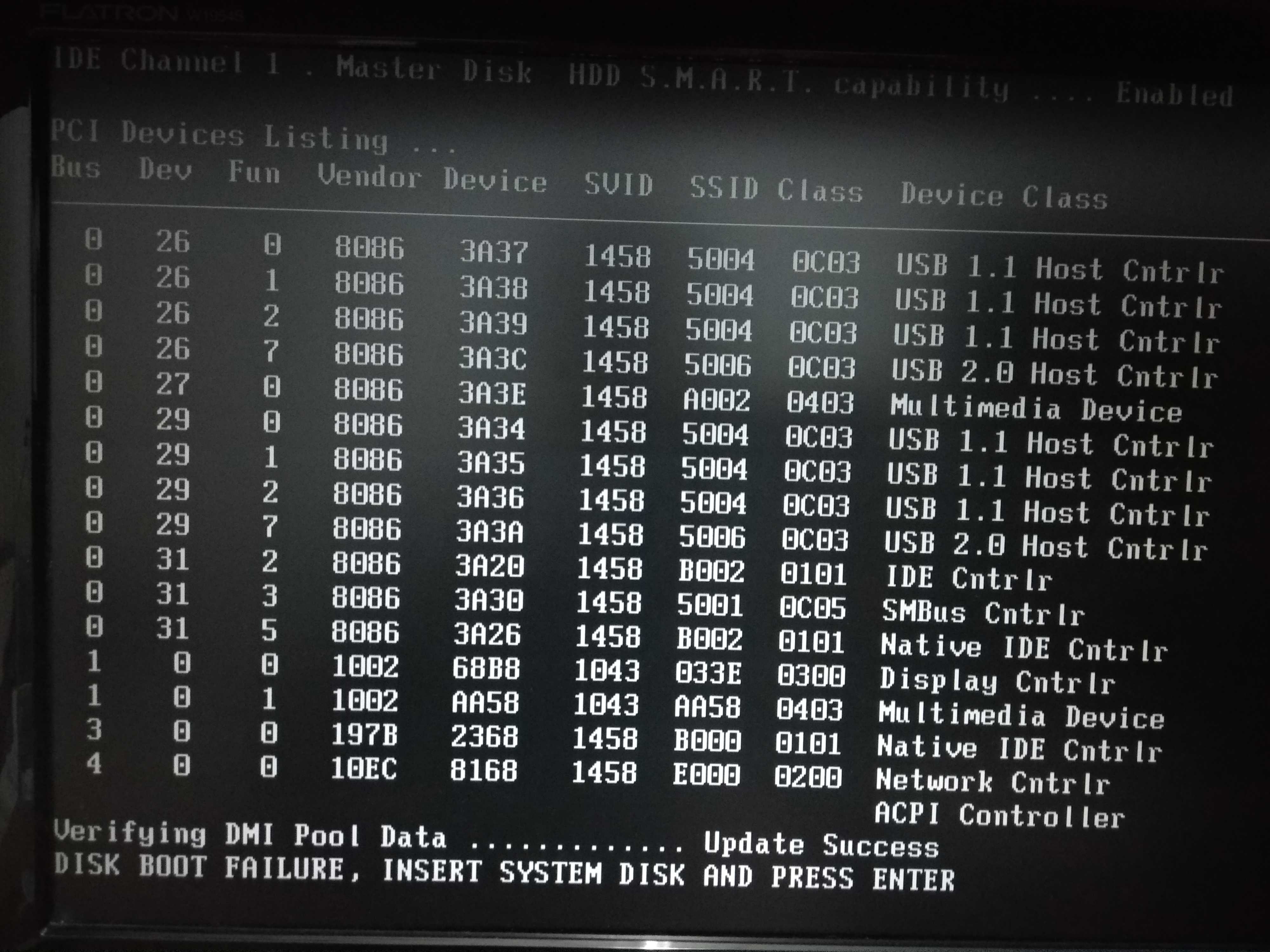 Disk boot failure, insert system disk and press enter